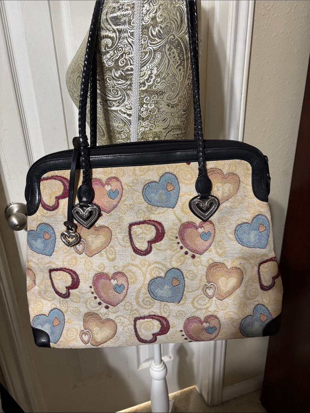 Vintage Brighton Beige Heart-Print Tote with Black leather Trim.
